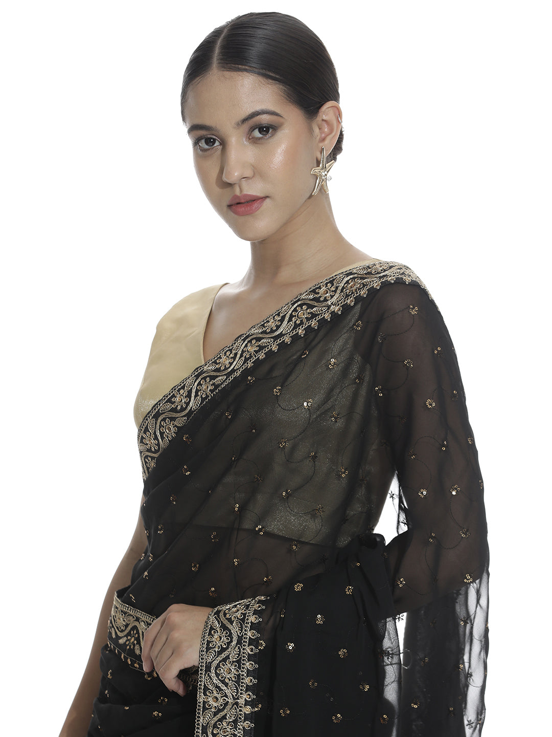 Pure Georgette Sequin Black Saree With Belt