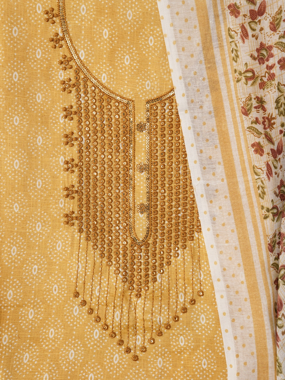 Yellow Embroidered Cotton Blend Dress Material with Dupatta