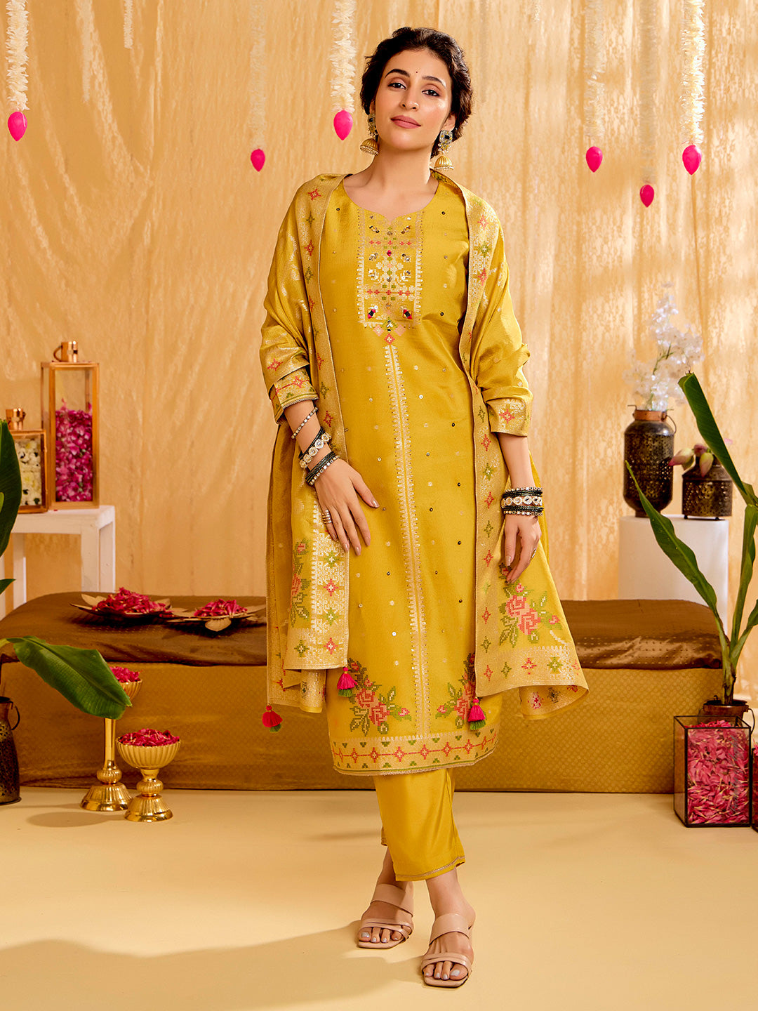 Mustard Jacquard Mirror Work Festive Kurta Set With Dupatta