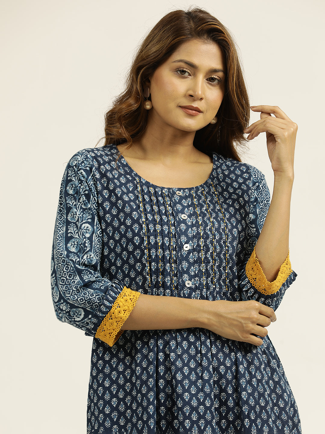 Indigo Blue Cotton Ethnic Motif Straight Kurta