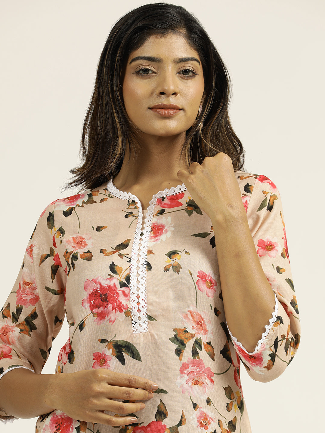 Peach Floral Printed Straight Kurta