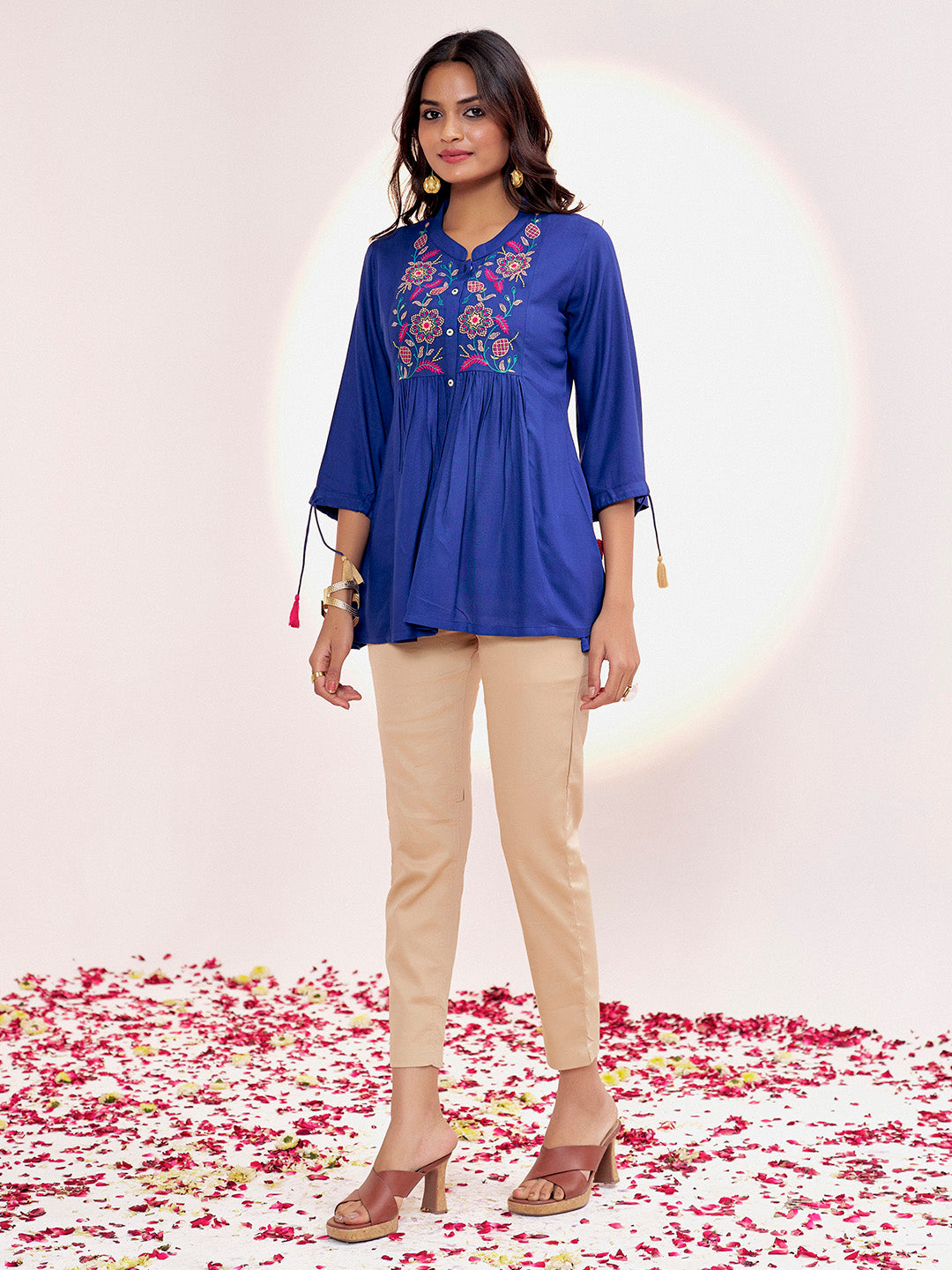 Blue Threadwork Embroidered Gathered Top