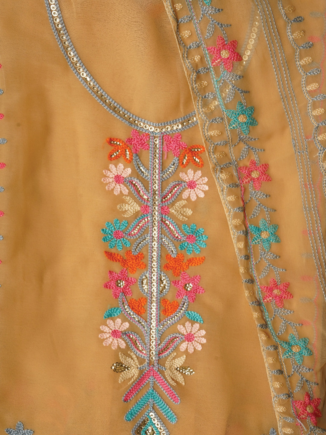 Beige Sequin Embroidered Silk Georgette Dress Material with Dupatta