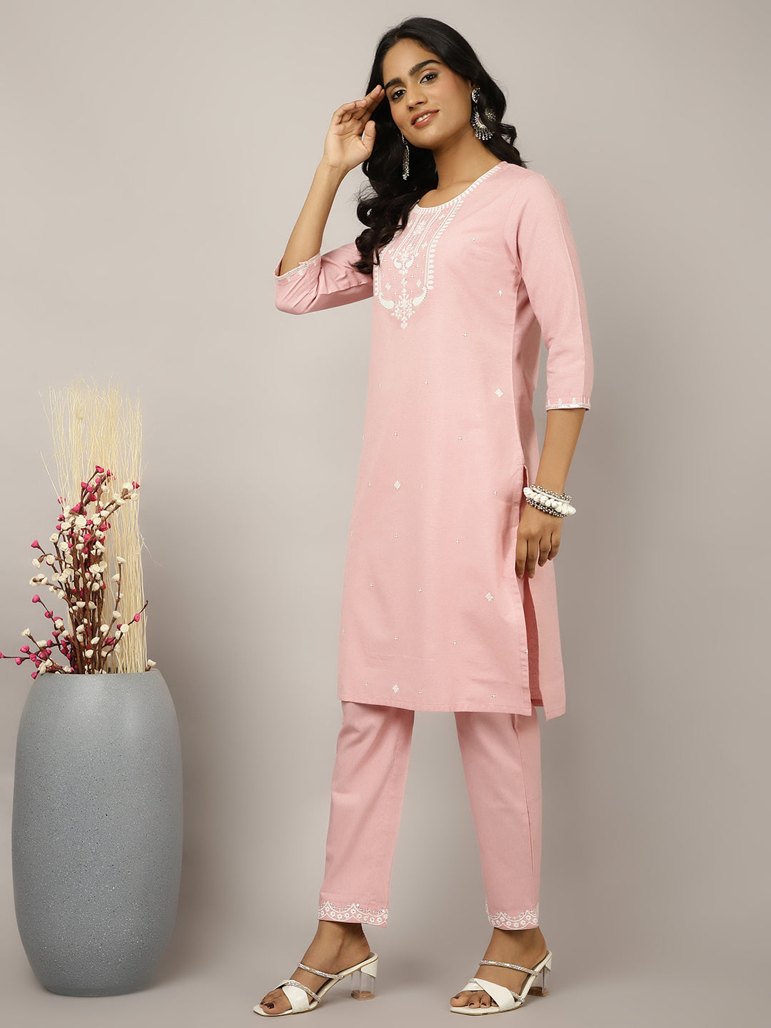 Thread And Sequin Embroidered Cotton Suit Set