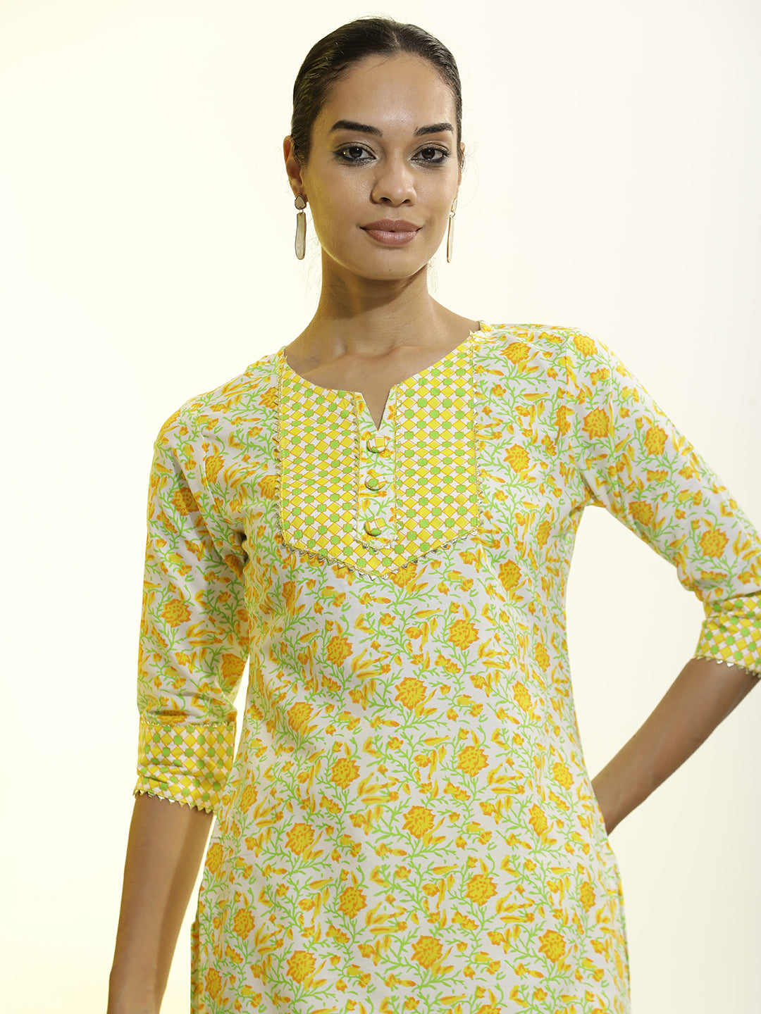 Floral Printed Cotton Blend Yellow Kurta Set