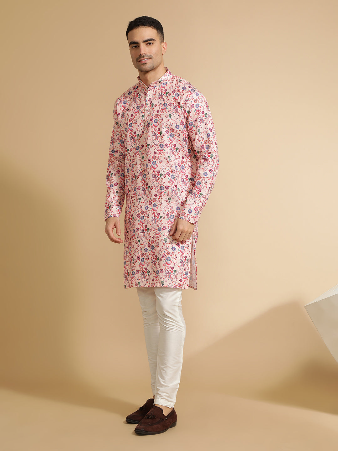 Beige Floral Printed Cotton Kurta for Men