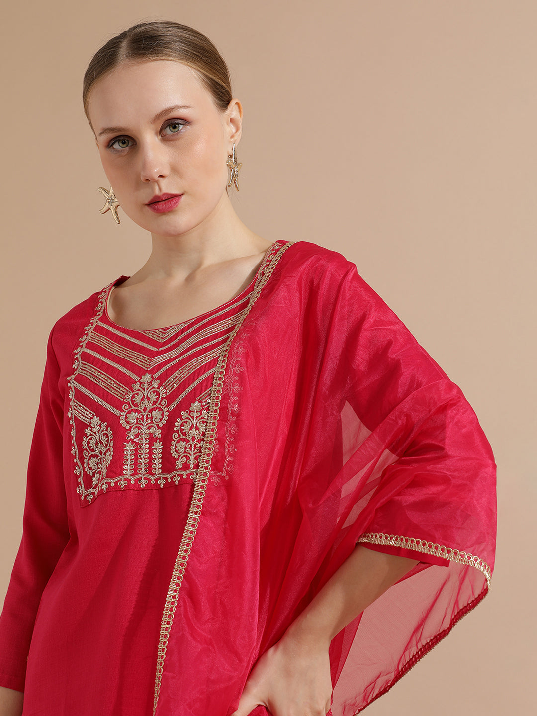 Zari Embroidered Cotton Blend Kurta Set With Dupatta