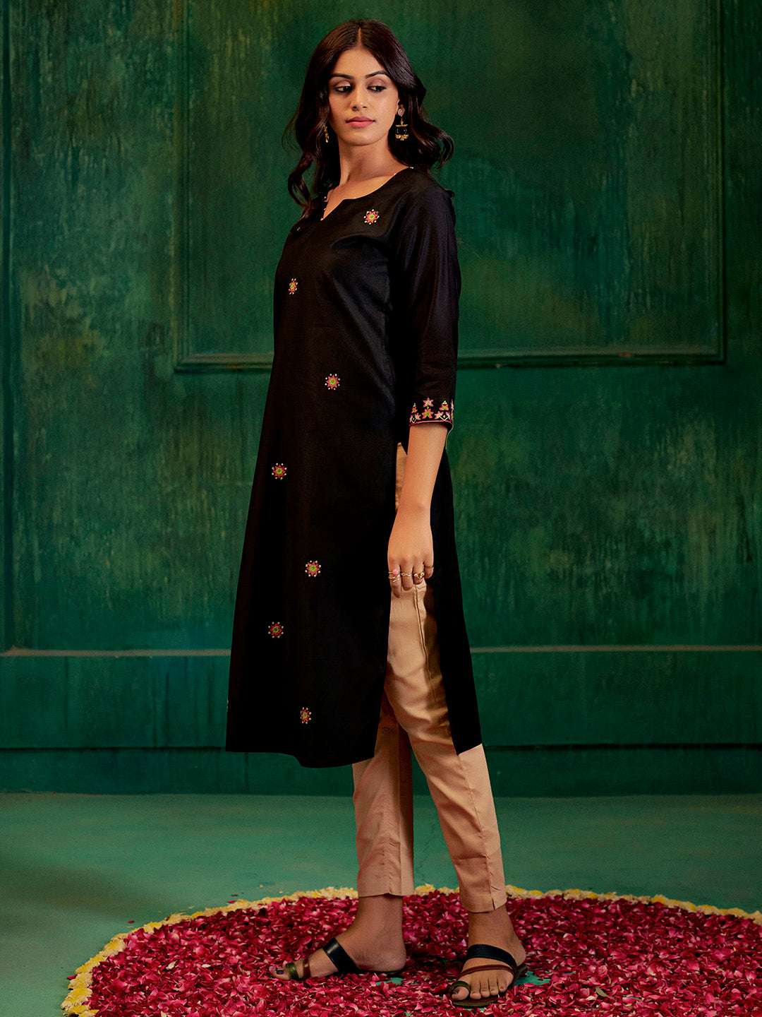 Black Self Woven Embroidered Straight Kurta