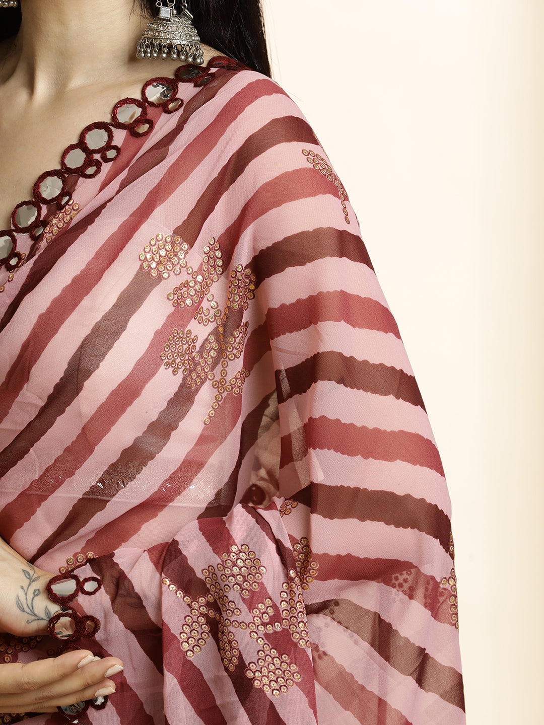 Maroon Pure Georgette Leheriya Mirror Work Saree