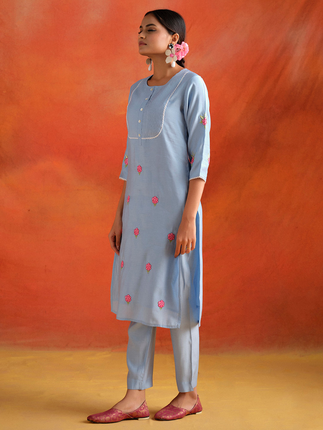 Blue Embroidered Viscose Chanderi Festive Kurta Set