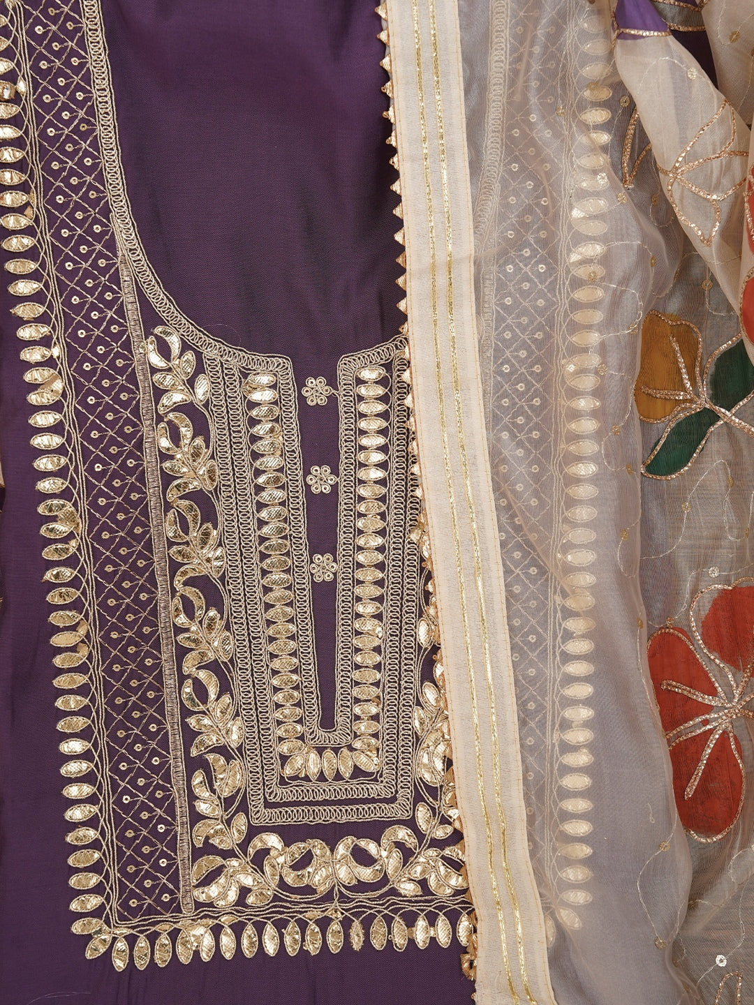 Lavender Handpainted Embroidered Pure Silk Dress Material with Dupatta