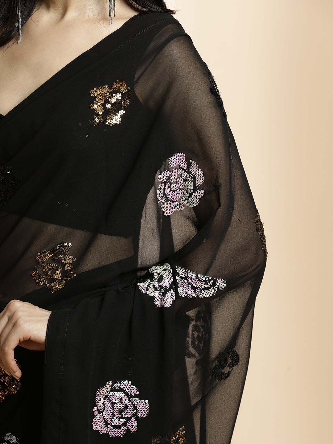 Party Wear Sequin Embellished Black Saree