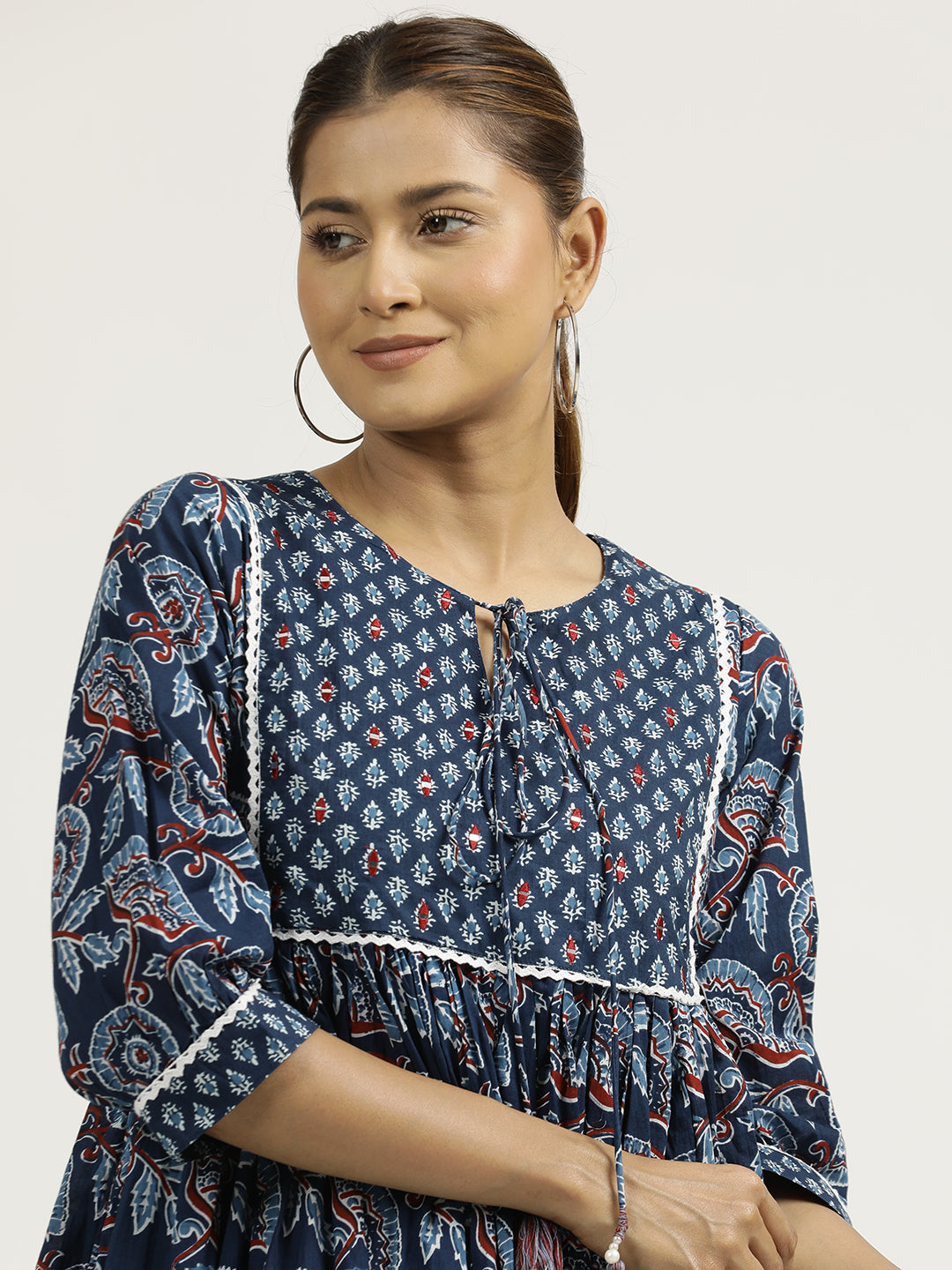 Indigo Blue Ethnic Mirror Work Gathered Dress