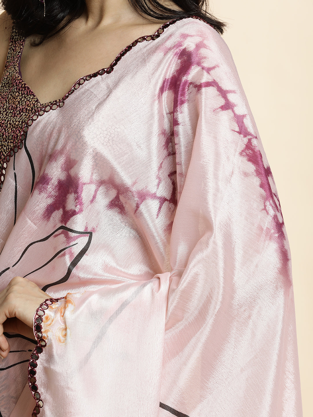 Peach Tie-Dye Printed Mirror Work Satin Saree