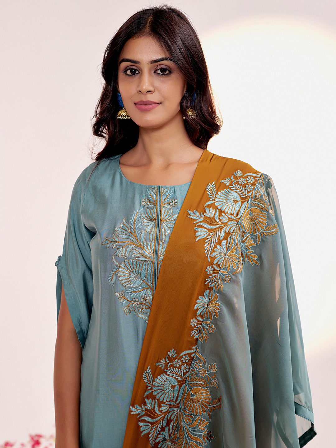 Sea Blue Resham Embroidered Festive Kurta Set With Dupatta