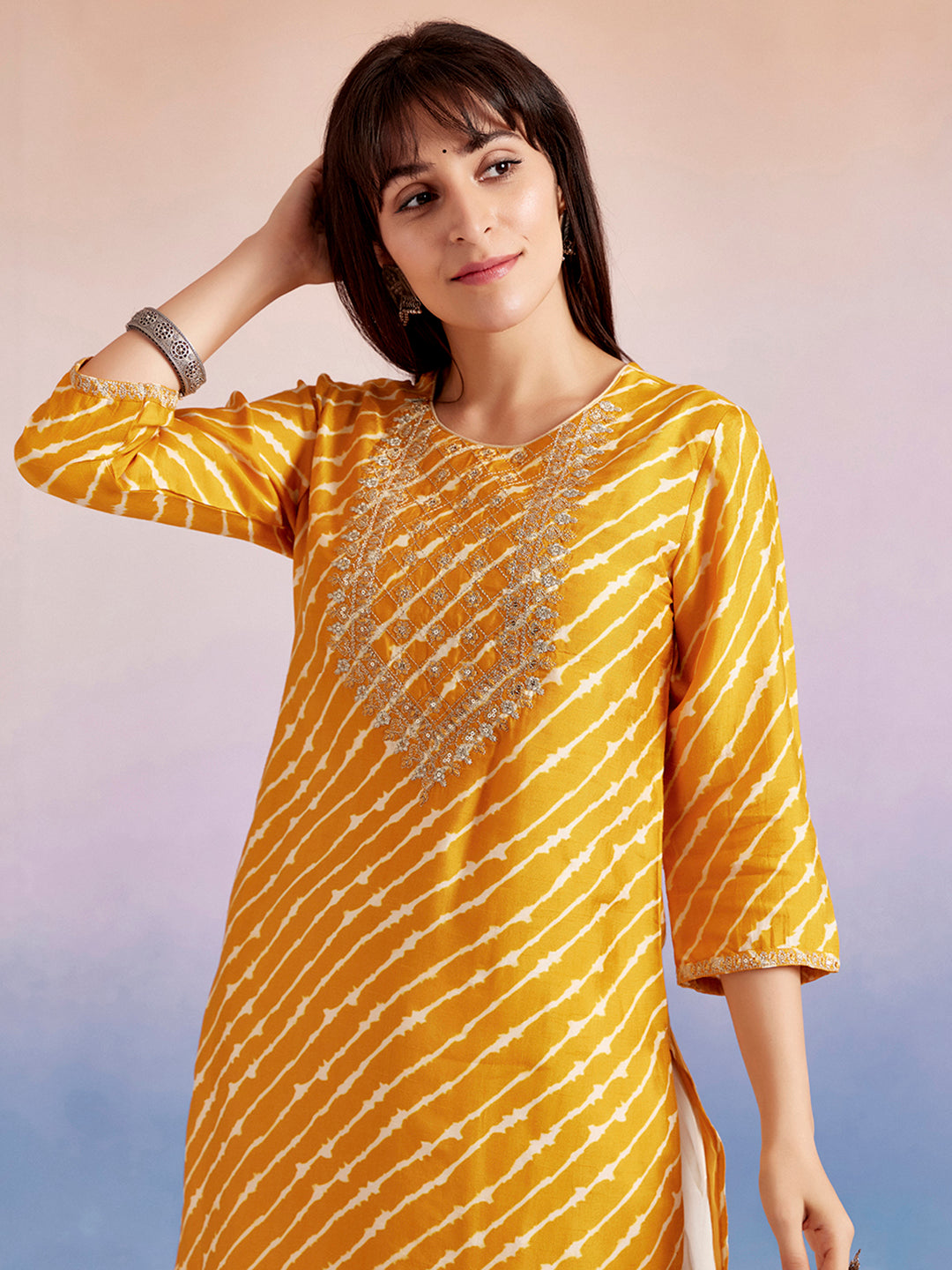 Mustard Embroidered Leheriya Kurta With Dhoti