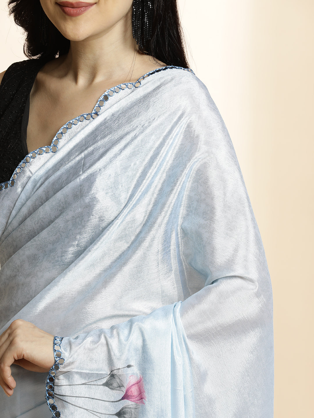 Sky Blue Tie-Dye Printed Mirror Work Satin Saree