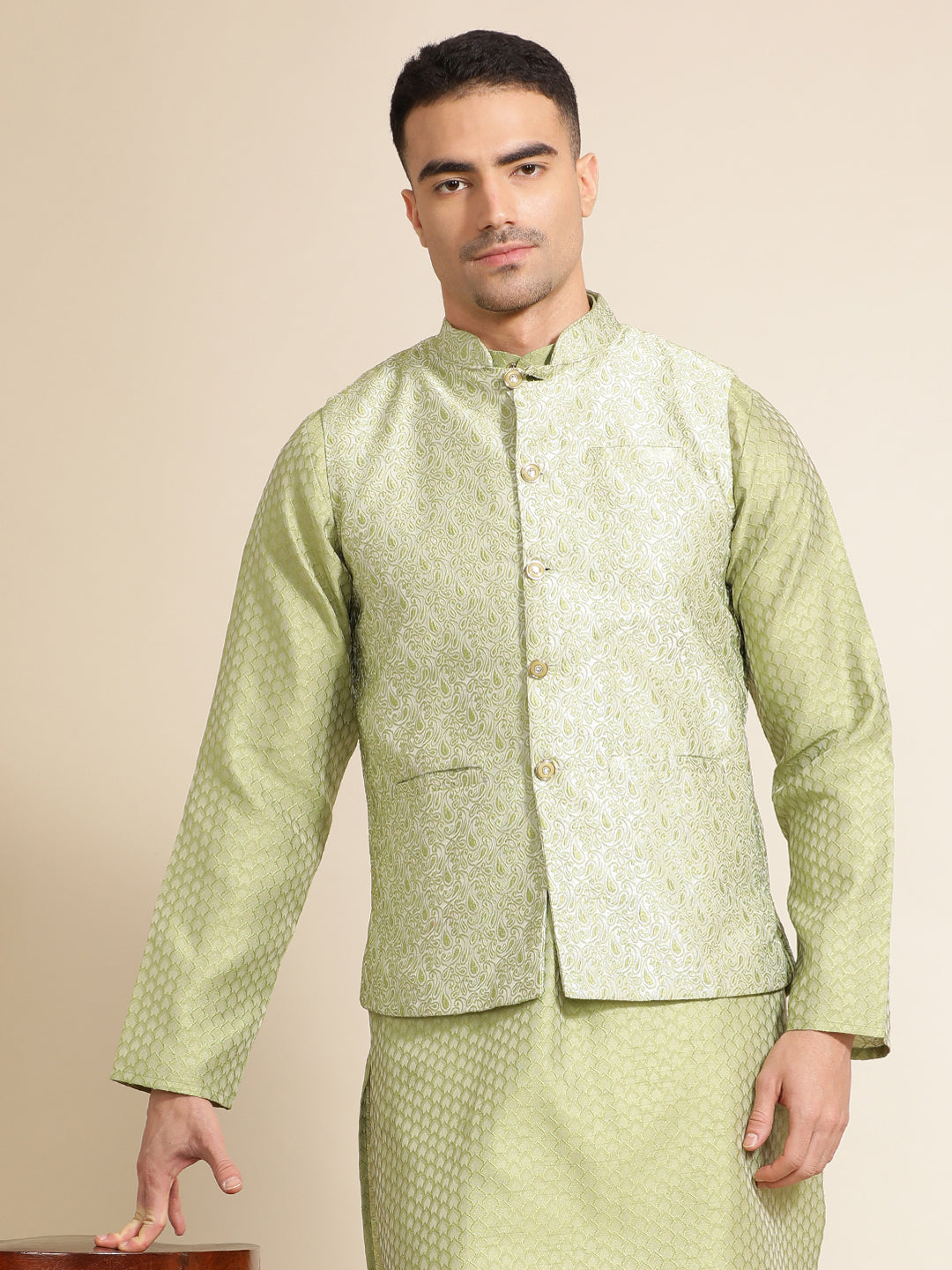 Mehandi Green Festive Kurta With Printed Nehru Jacket Set