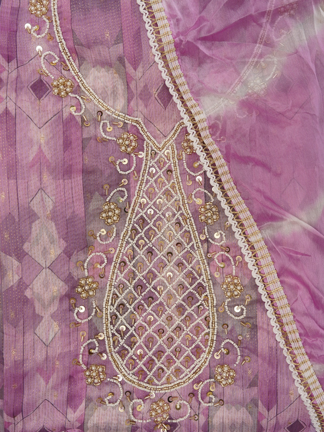 Purple Leheriya Embroidered Dress Material with Dupatta