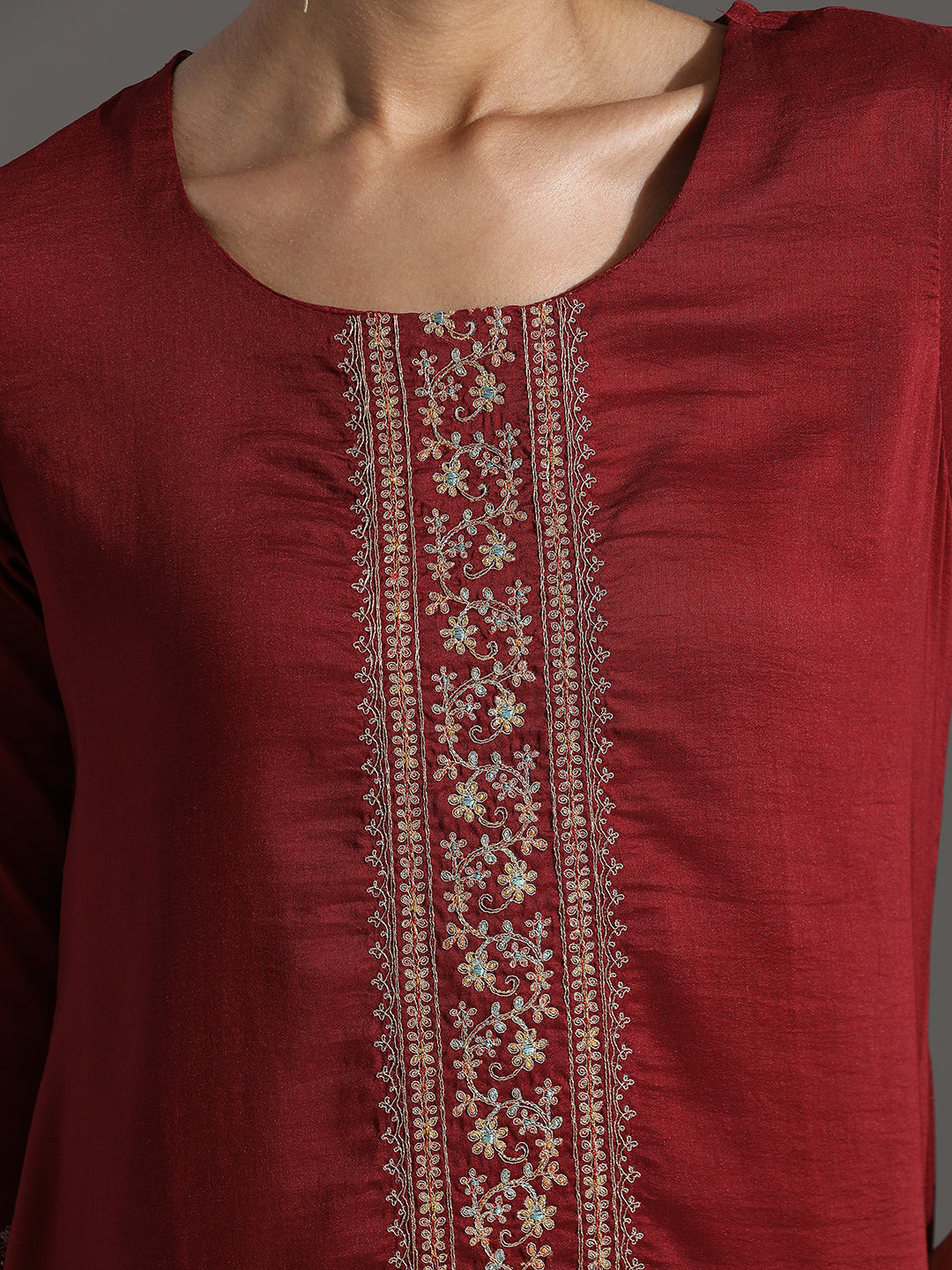 Maroon Embroidered Chinon Straight Kurta