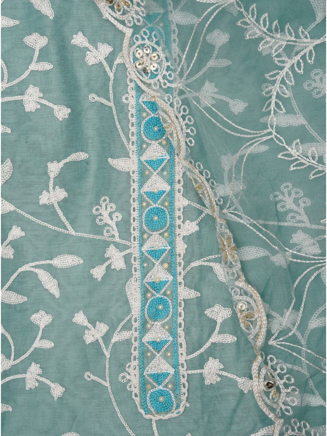 Sea Green Silk Blend Embroidered Dress Material with Dupatta