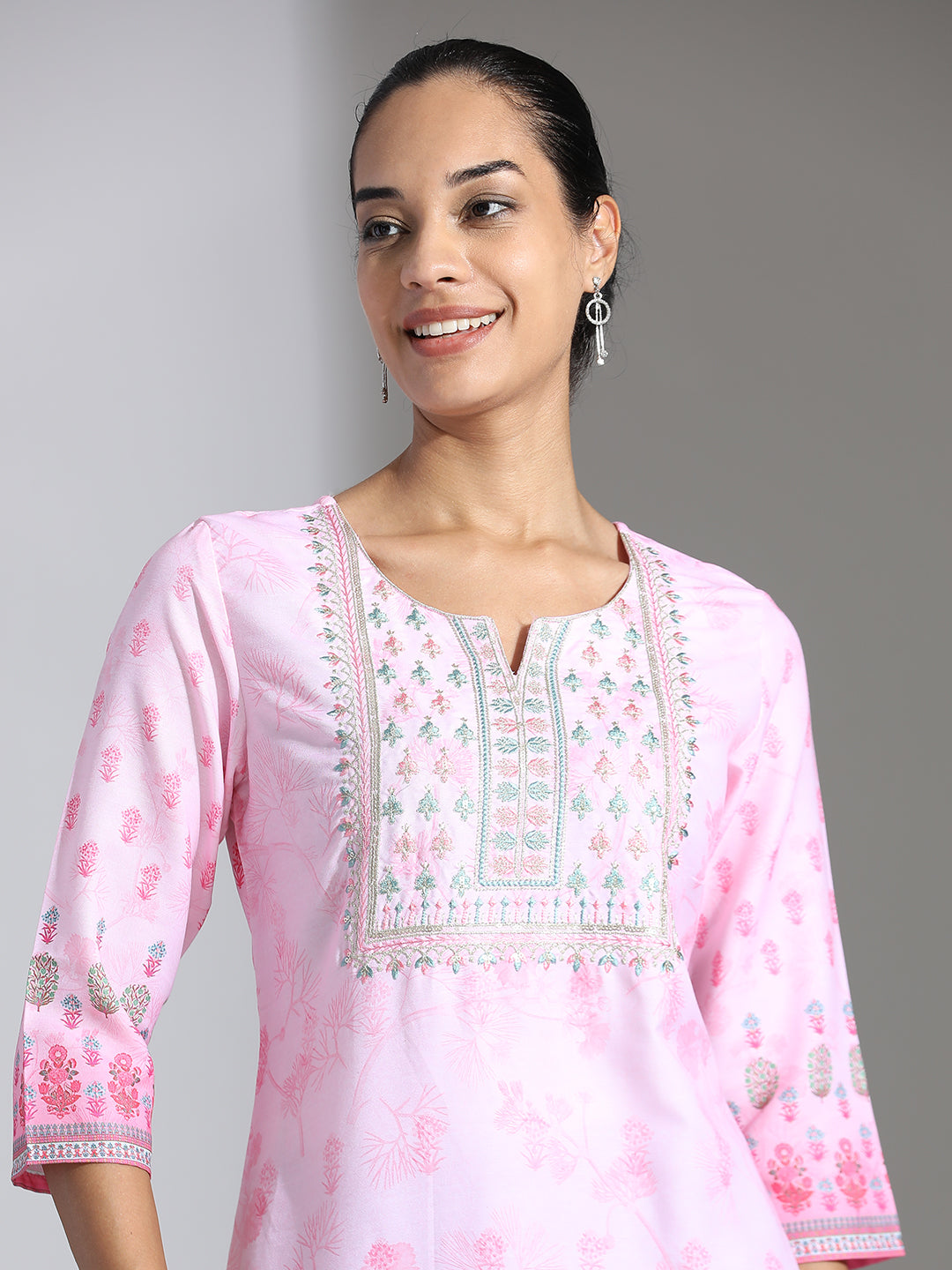 Pink Printed Poly Rayon Straight Kurta