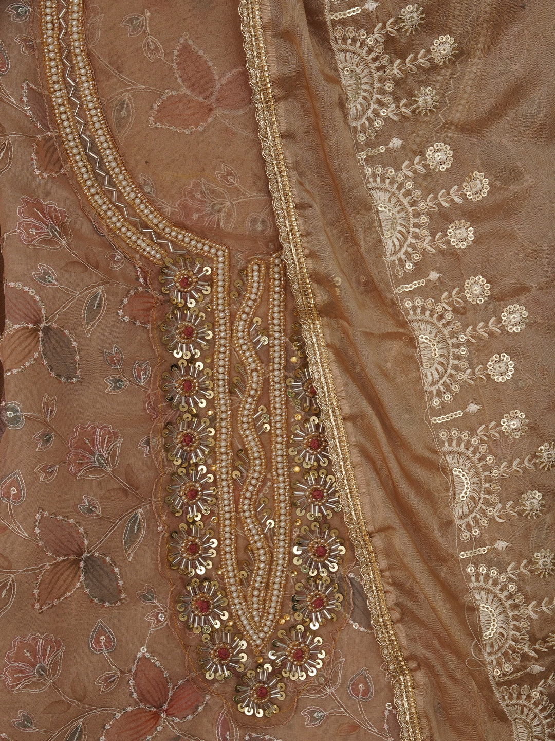 Beige Sequin Embellished Organza Dress Material with Dupatta