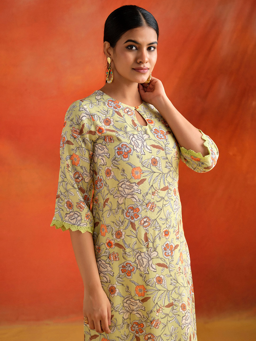 Lime Green Floral Printed Straight Kurta With Pants