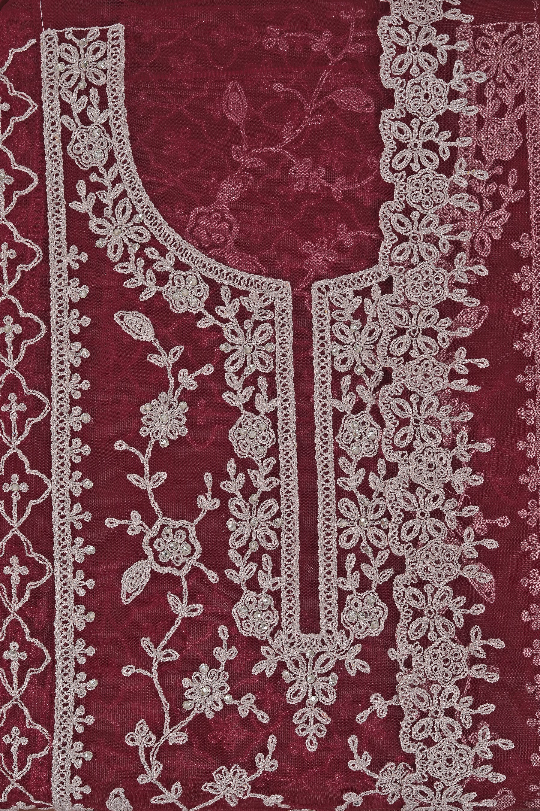 Maroon Heavy Embroidered Net Dress Material with Dupatta