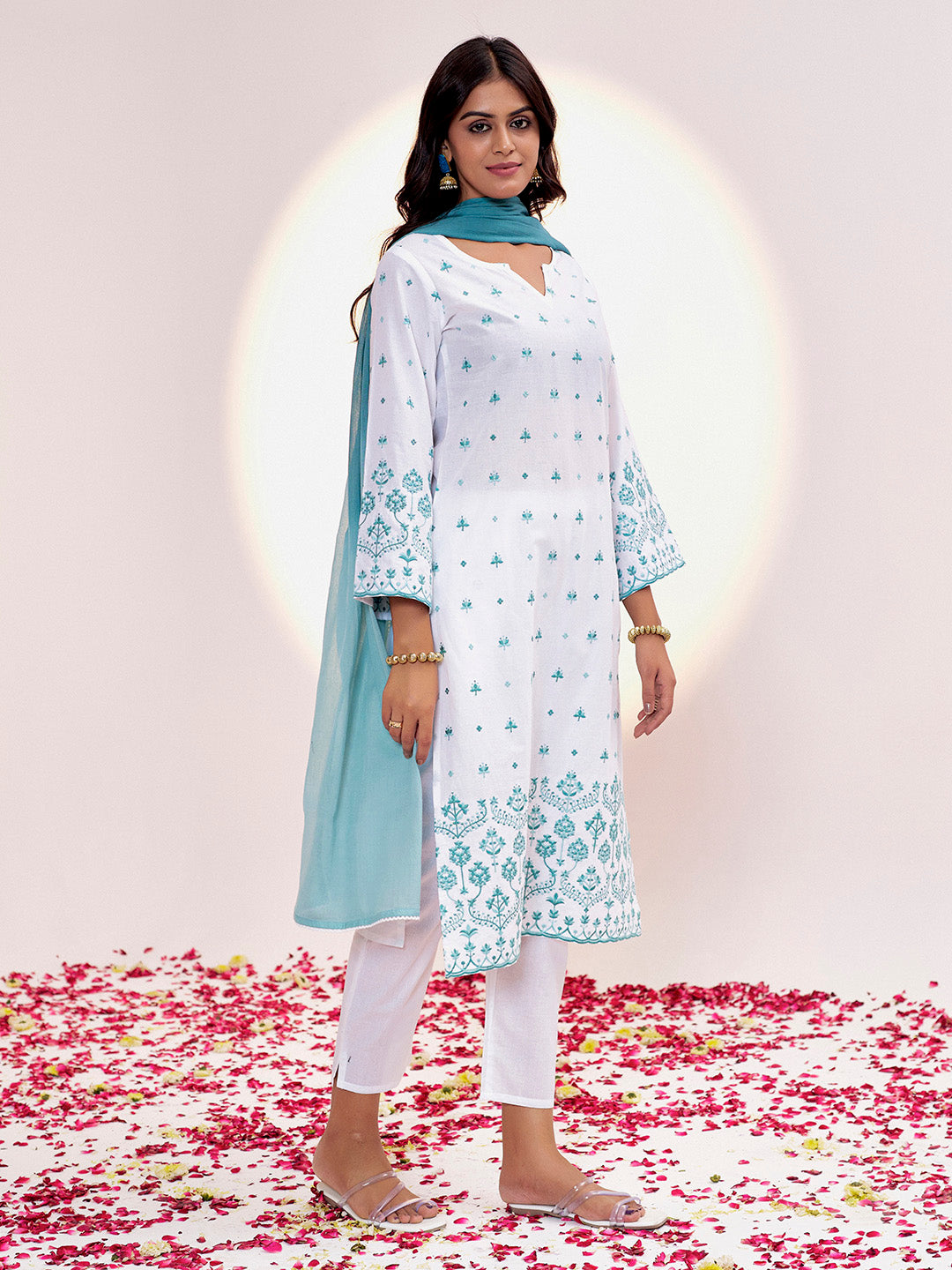 White & Green Threadwork Embroidered Cotton Kurta Set With Dupatta