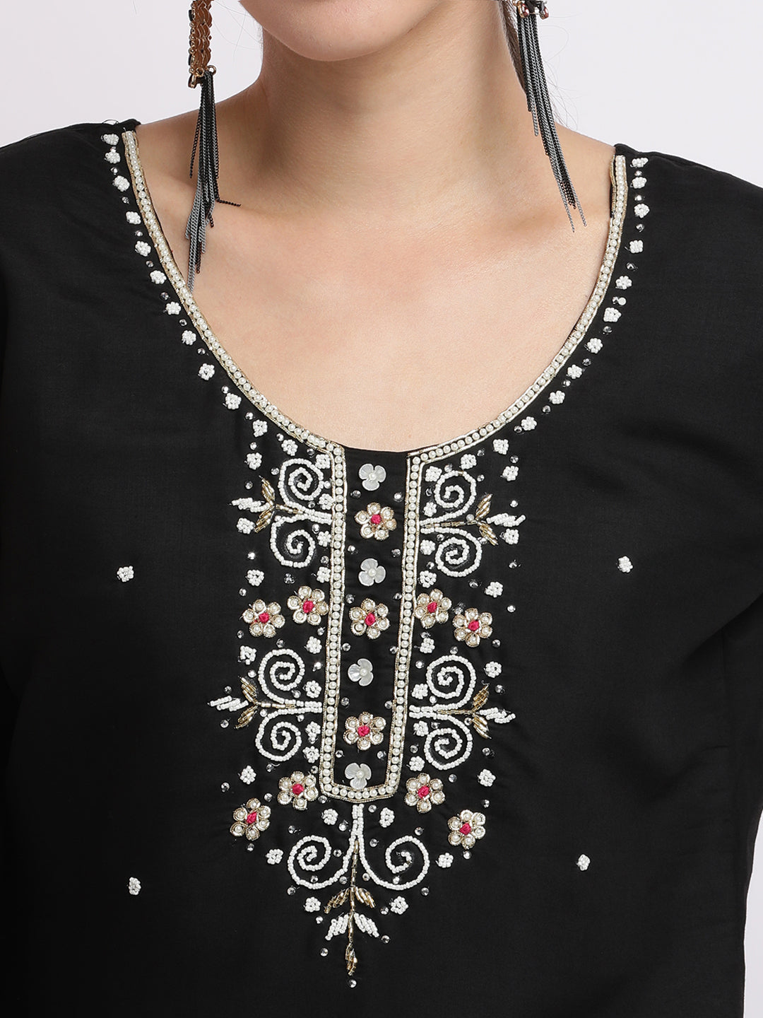 Black Embroidered Cotton Blend Kurta Set With Dupatta