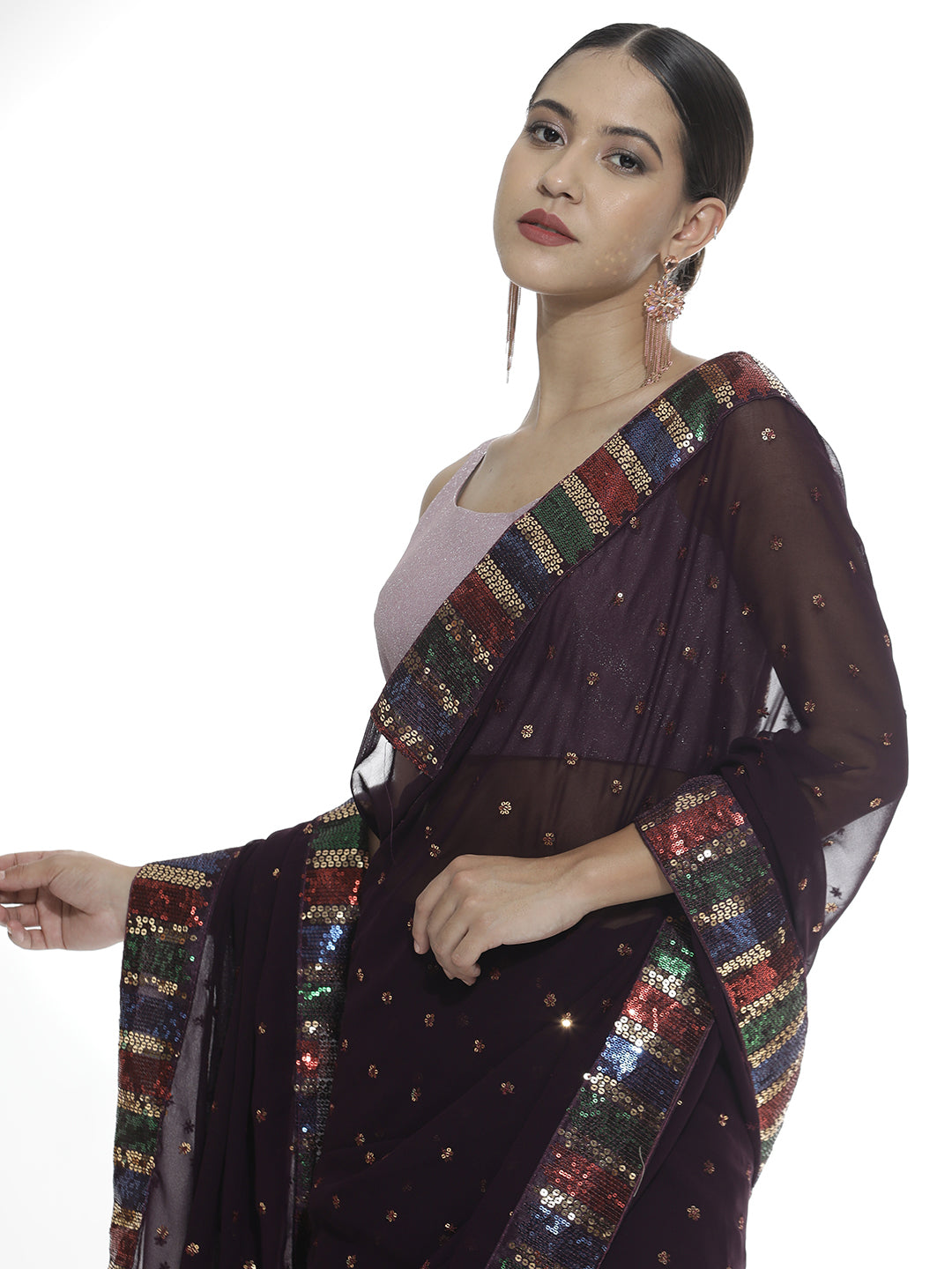 Party Wear Sequin Work Wine Georgette Saree