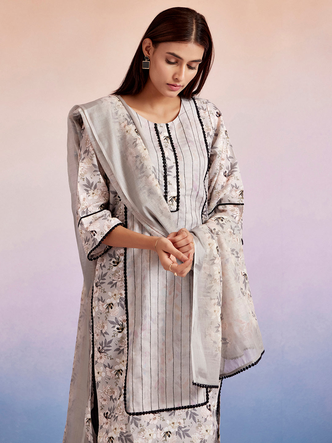 Beige Floral Printed Kurta Set With Dupatta