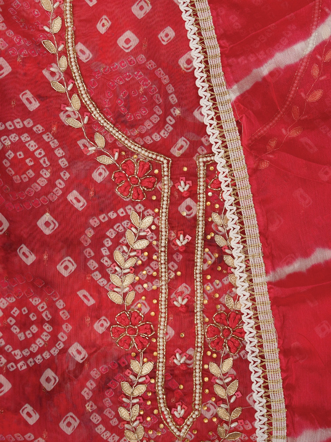 Rust Bandhani Embroidered Dress Material with Leheriya Dupatta