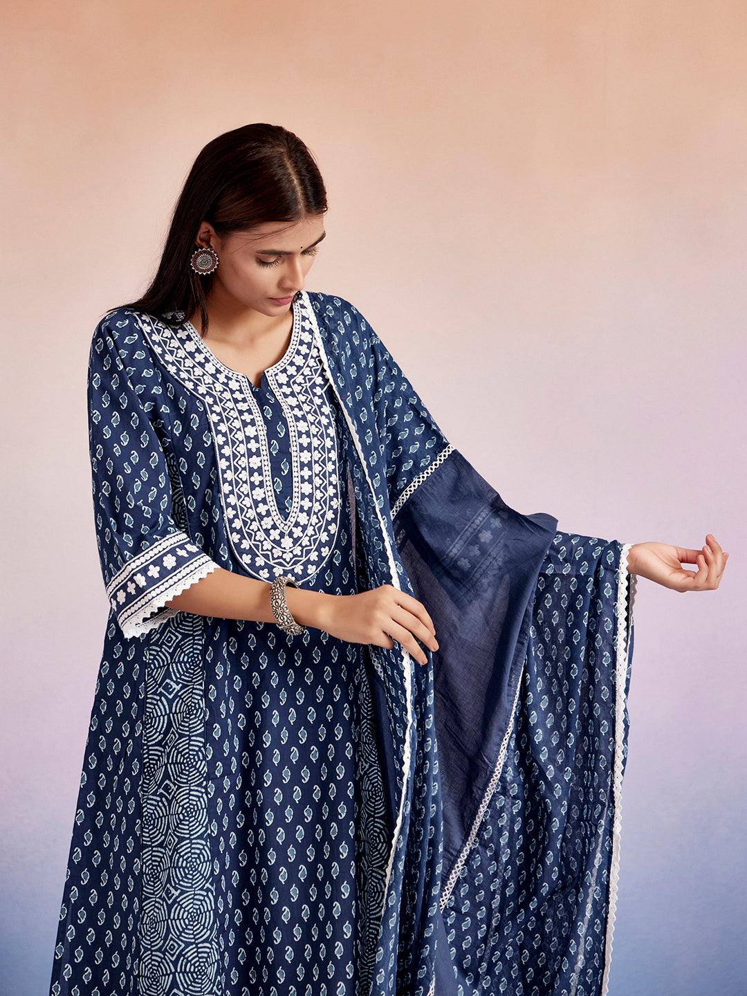 Indigo Printed Pakistani Kurta Set With Dupatta