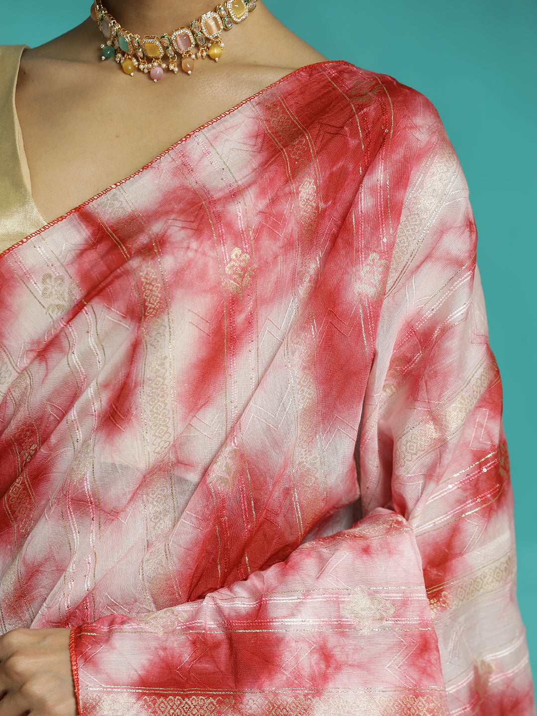 Tie-Dye Cotton Blend Red Banarasi Saree