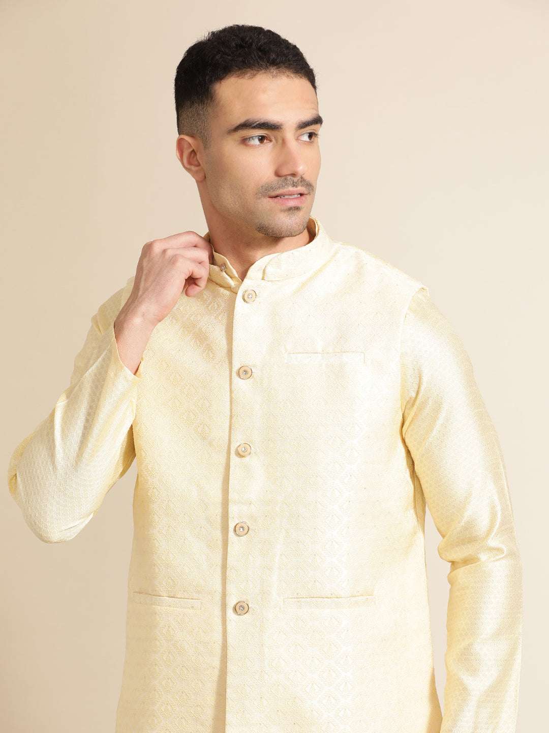 Beige Silk Blend Kurta With Woven Design Nehru Jacket Set