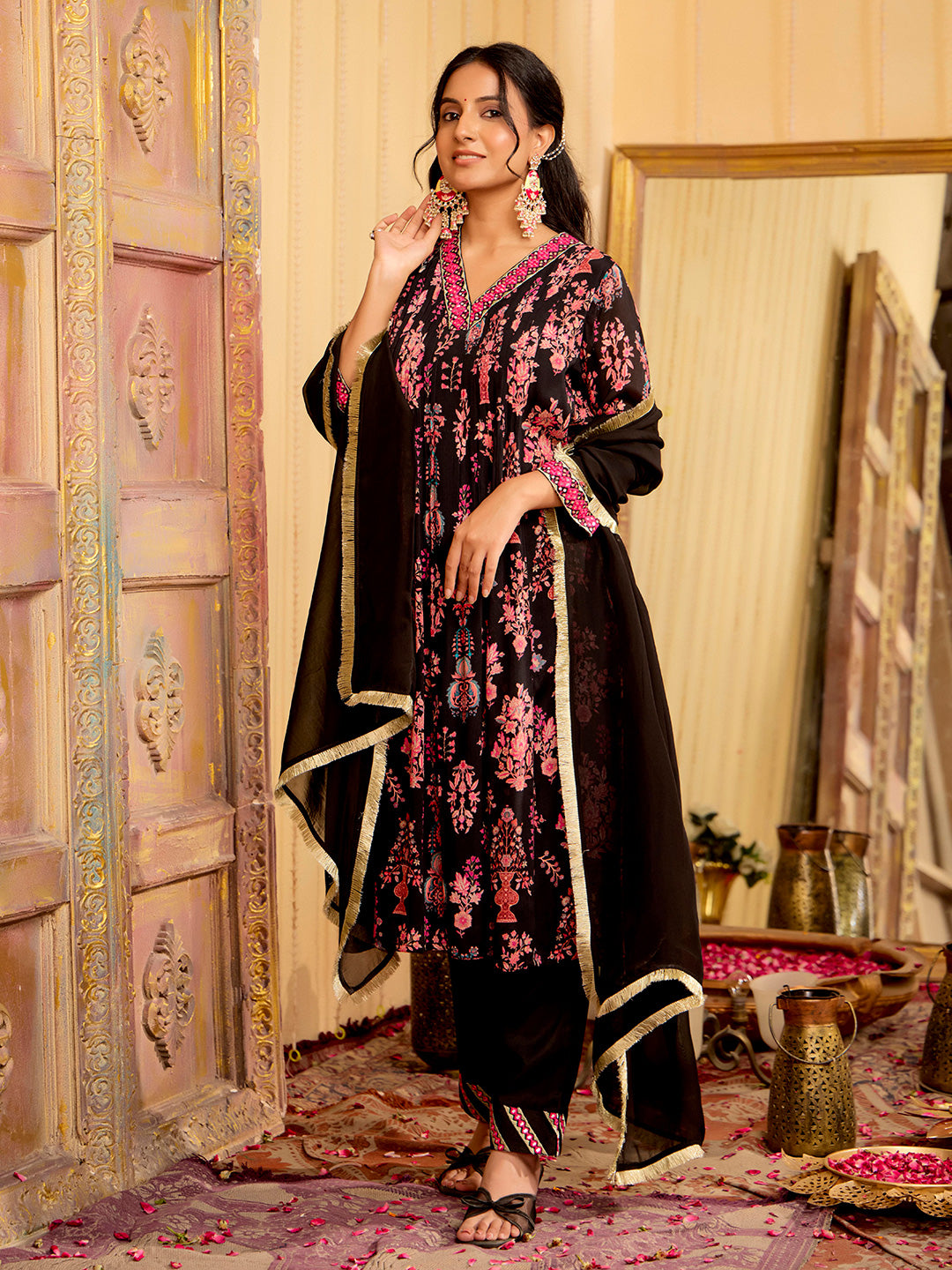 Black Mirror Embroidered Festive Flared Kurta Set With Dupatta