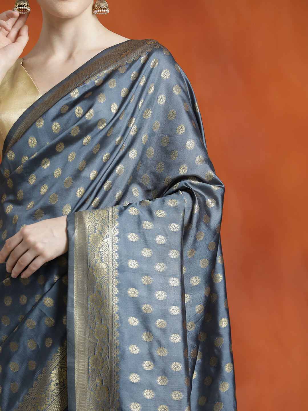 Grey Heavy Banarasi Zari Woven Silk Blend Saree