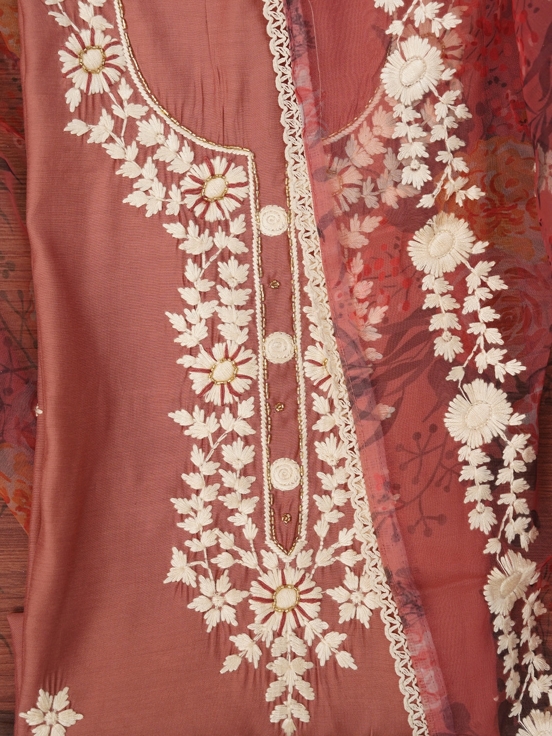 Pink Pure Silk Lucknowi Embroidered Dress Material with Dupatta