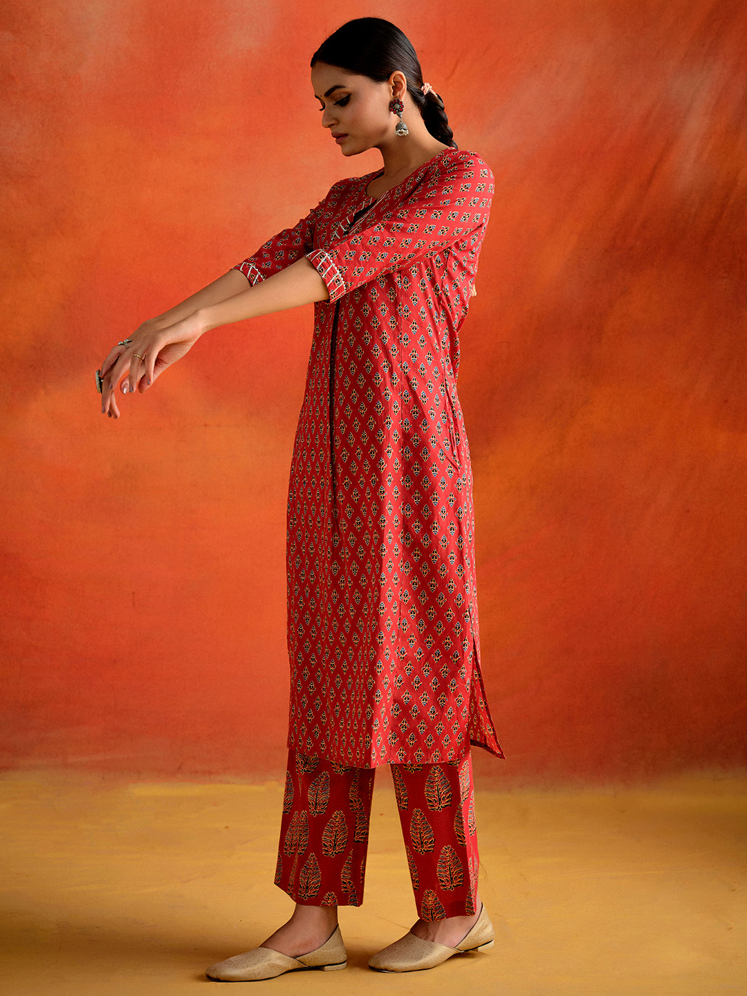 Rust Red Ethnic Motif Printed Straight Kurta With Palazzo