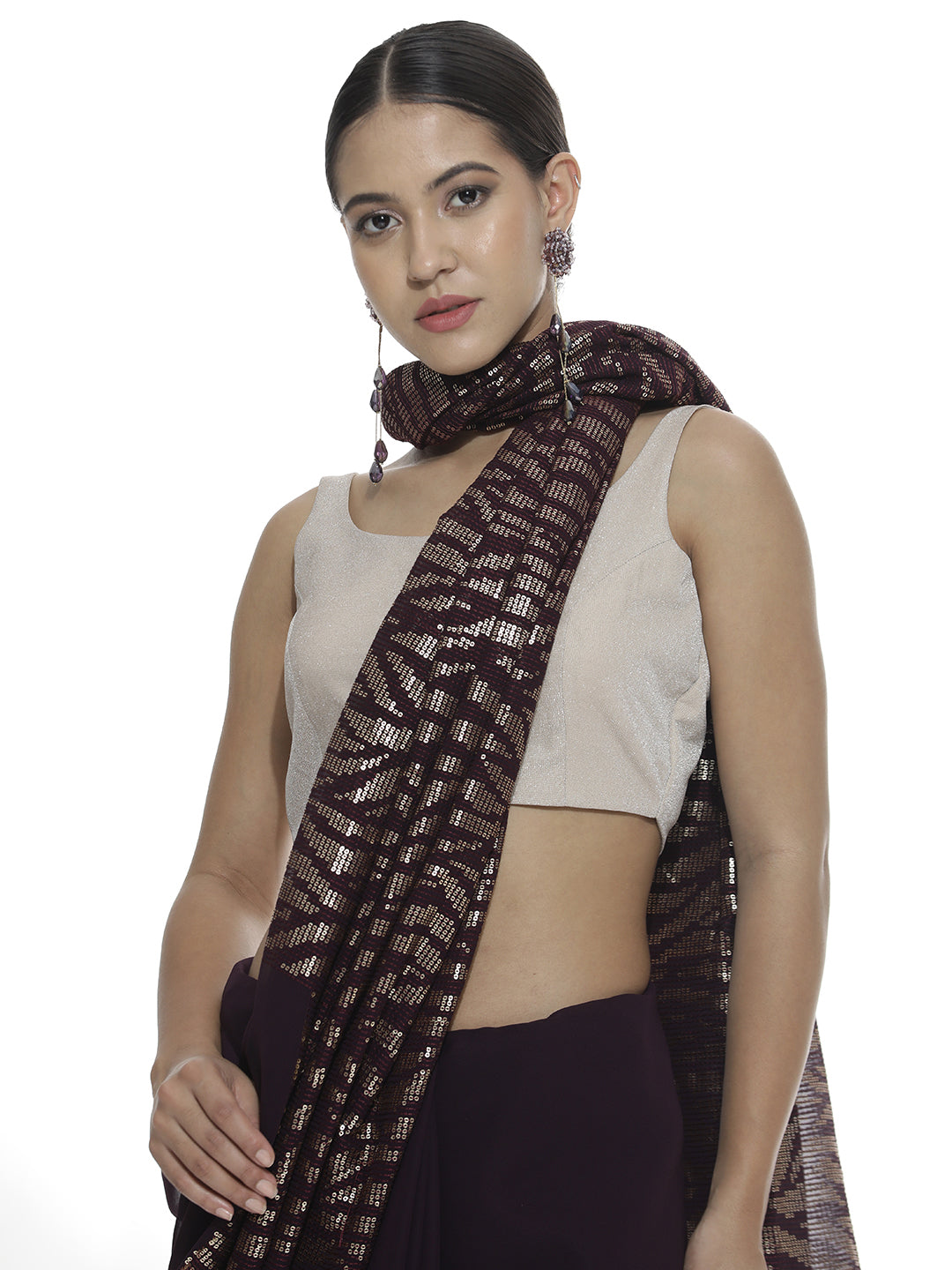 Pure Georgette Sequins Party Wear Wine Saree