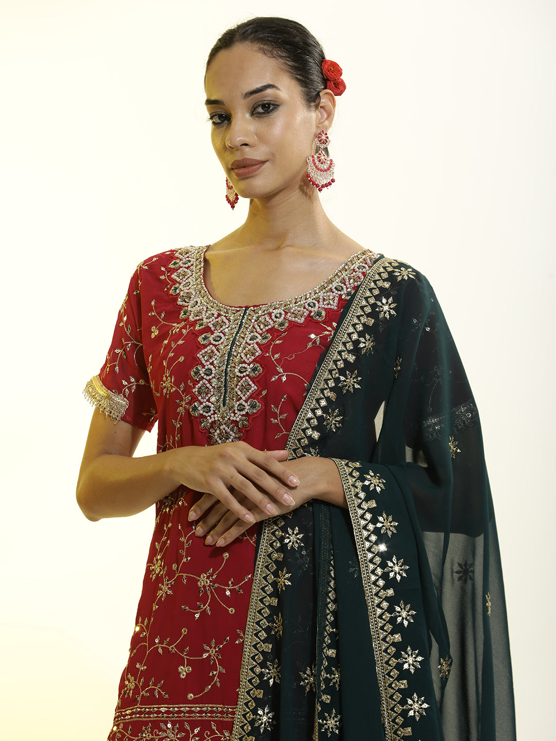 Festive Embroidered Georgette Kurta With Palazzo And Dupatta