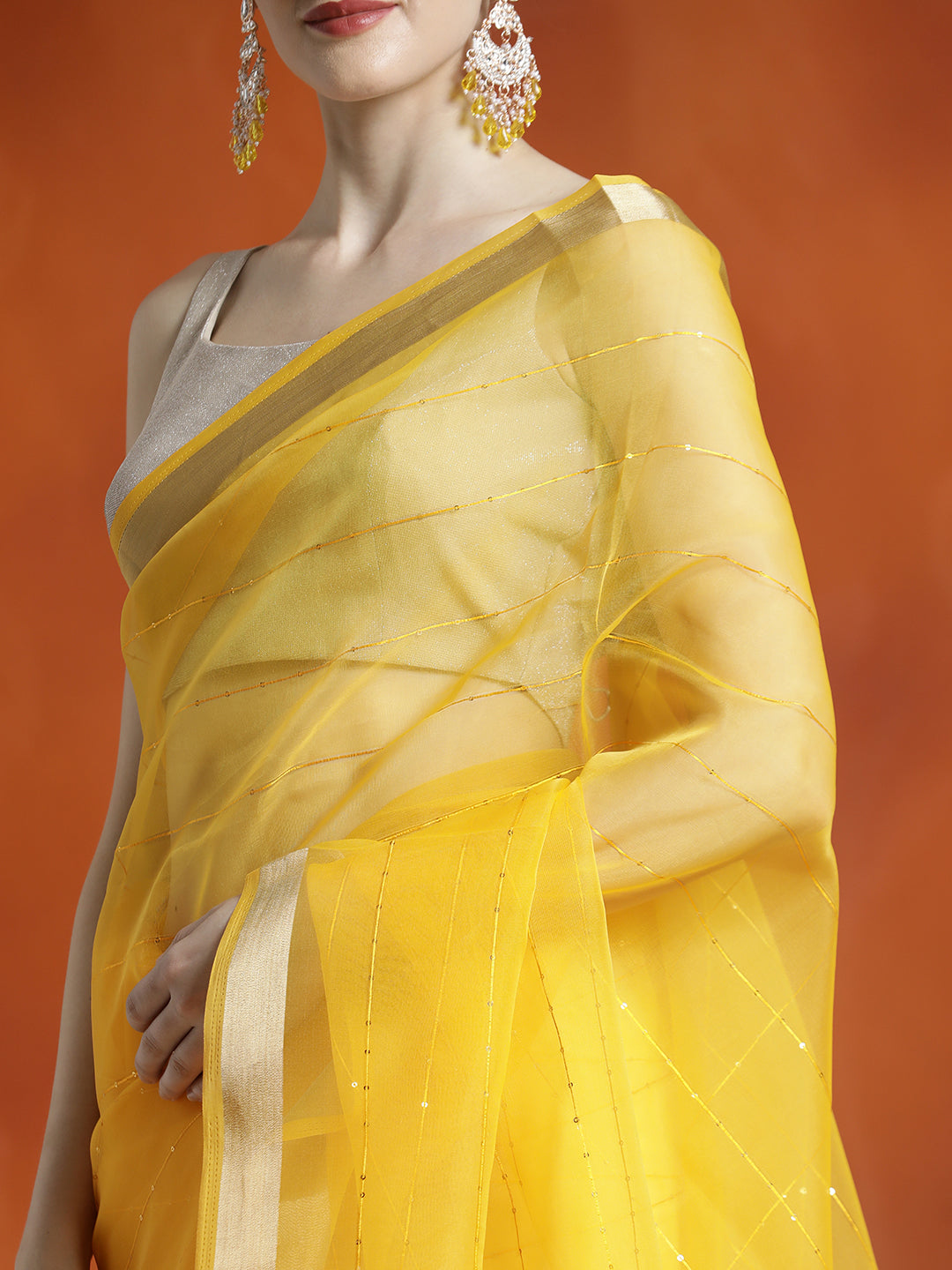 Yellow Sequin Embellished Banarasi Organza Saree