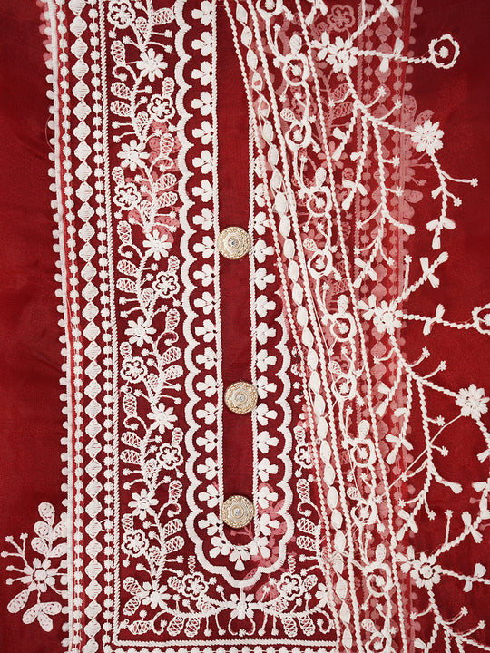 Maroon Unstitched Embroidered Organza Dress Material With Dupatta