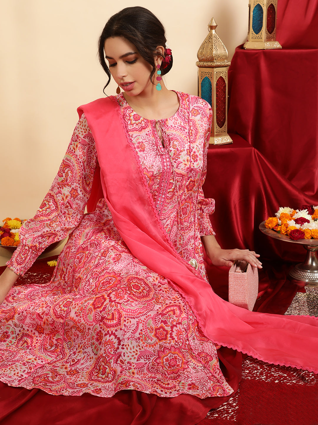 Shop Pink Floral Printed Mirror Work Anarkali Kurta With Pants And