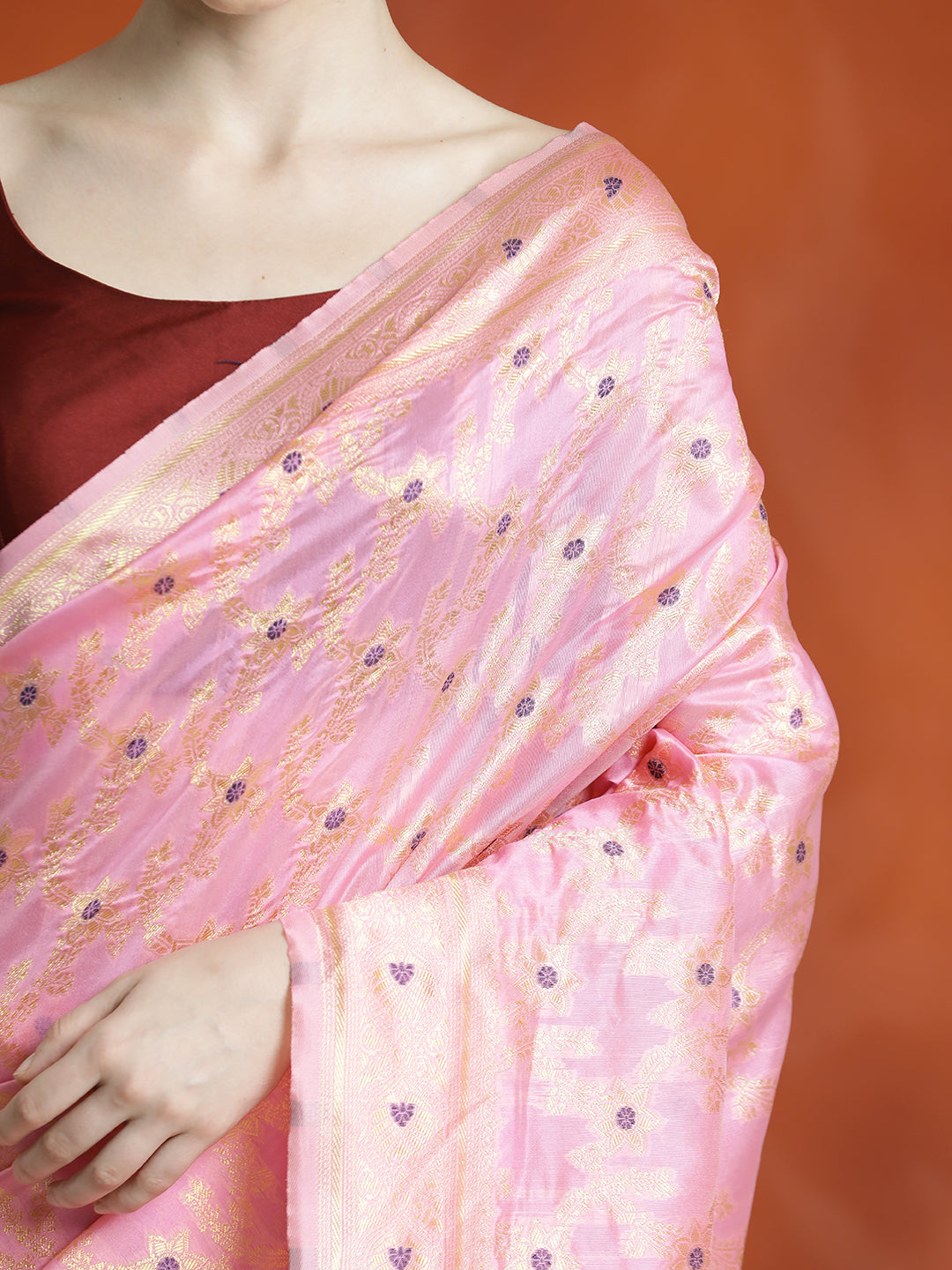 Banarasi Zari Woven Silk Blend Baby Pink Saree