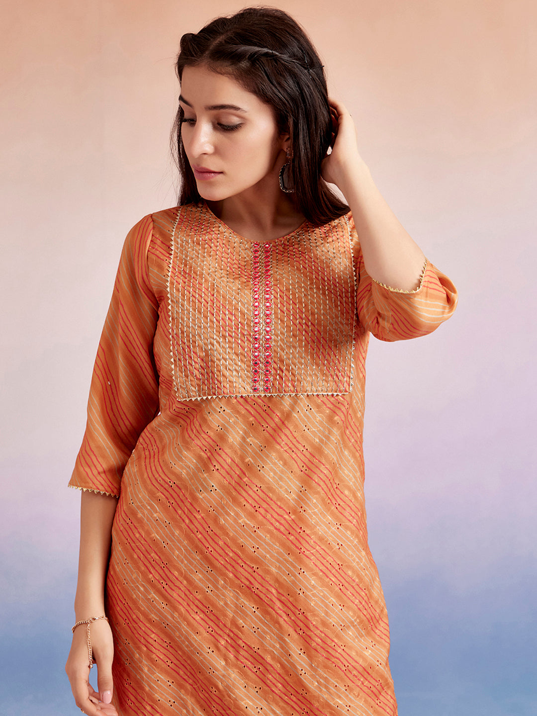 Leheriya Printed Schiffli Orange Straight Kurta