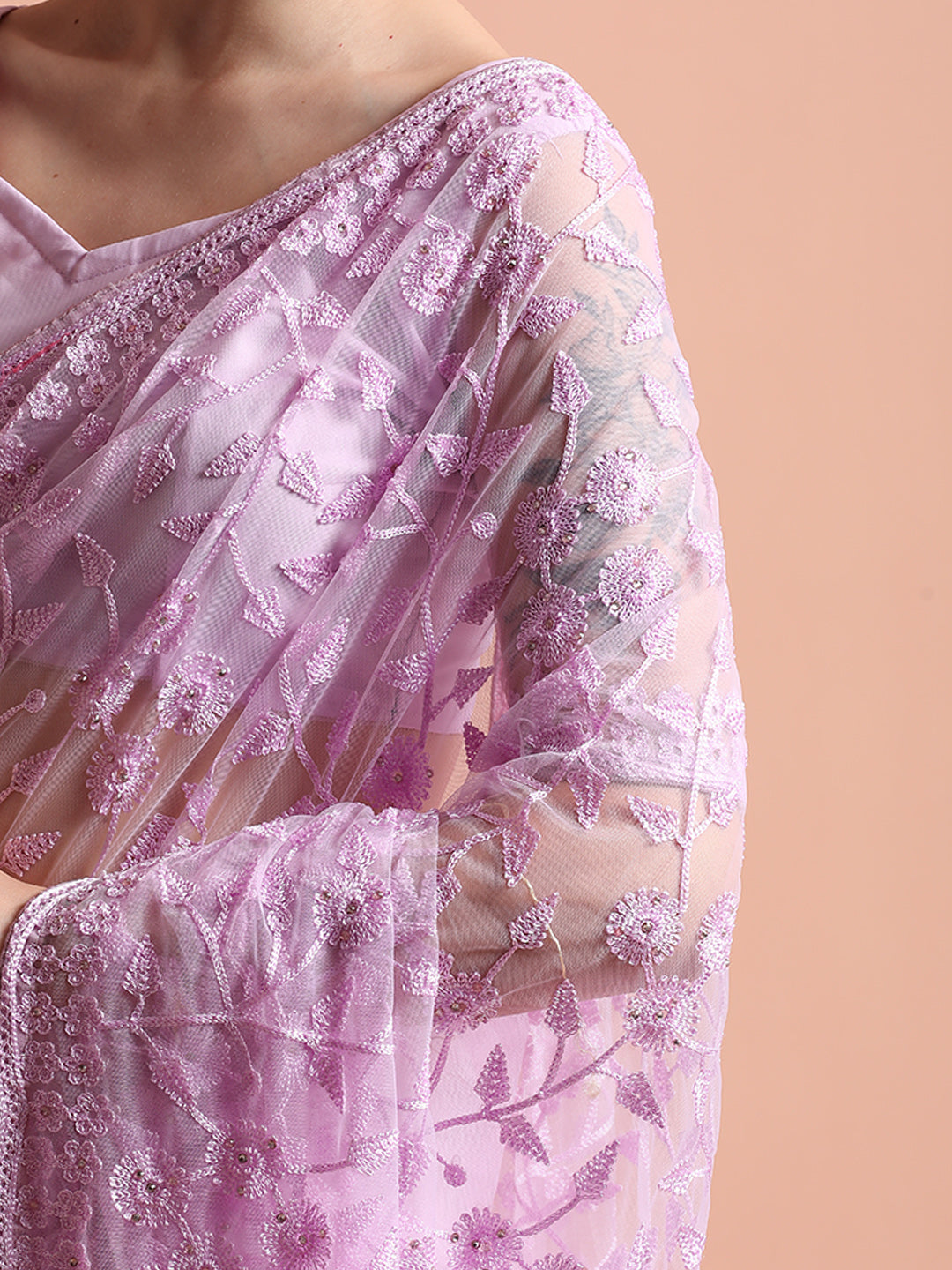 Party Wear Floral Lavender Embroidered Net Saree