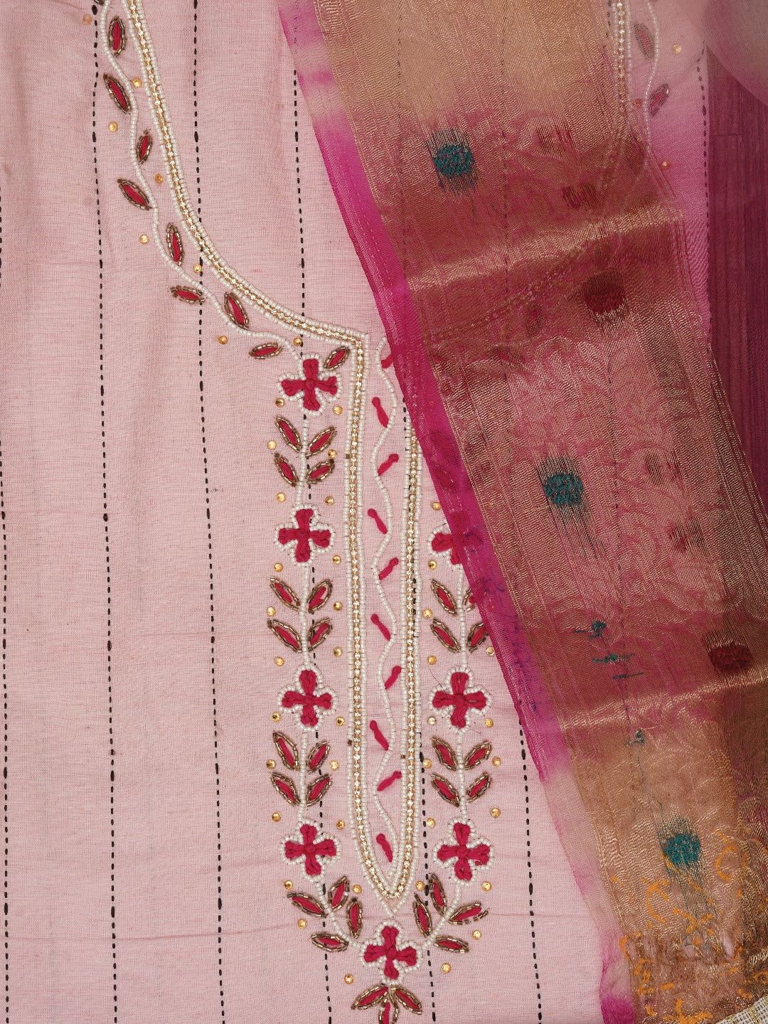 Pink Cotton Woven Design Embellished Dress Material with Dupatta